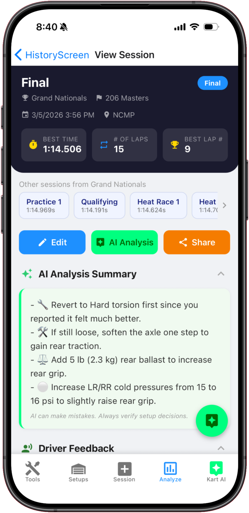Kart Track setup screen showing chassis, tire, and carburetor configuration options