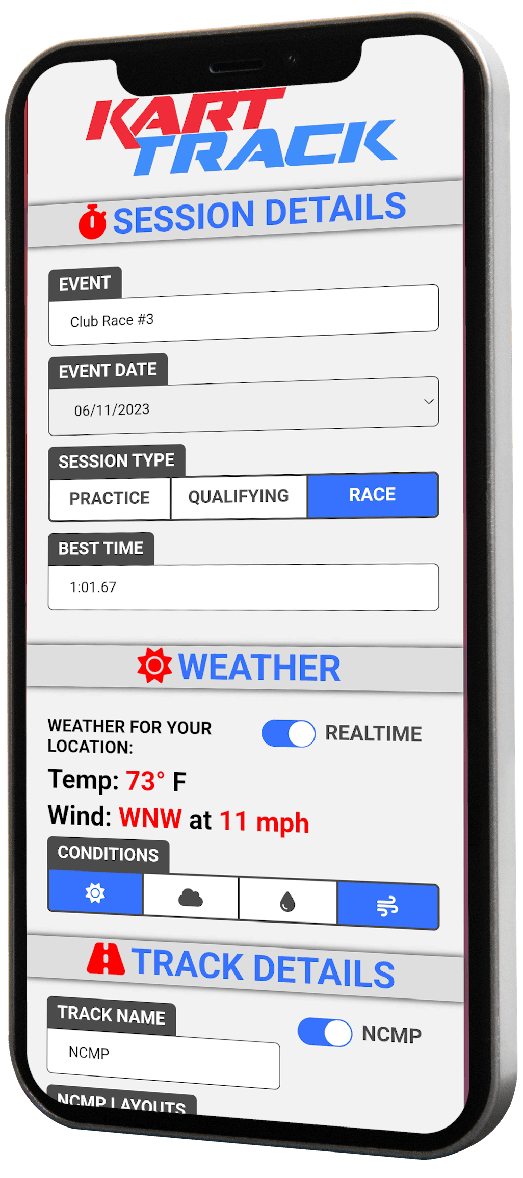 Kart Track app on a phone showing setup and session screens