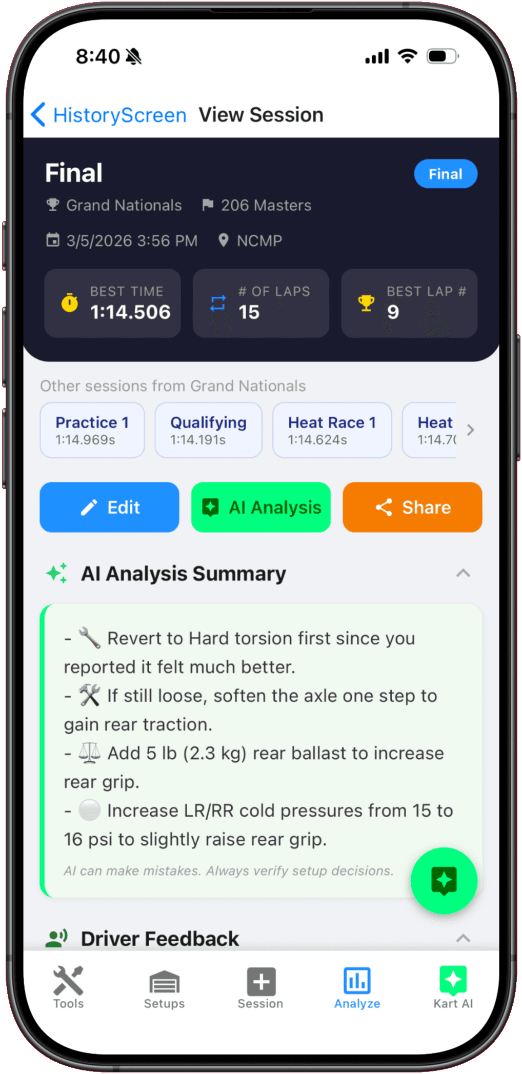 Kart Track app on a phone showing AI Analysis Summary on a session