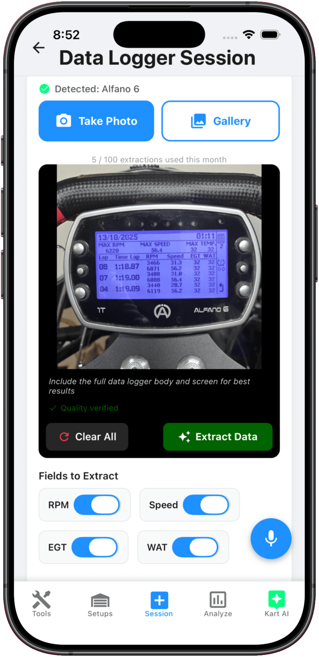 MyChron logger mounted on a kart steering wheel