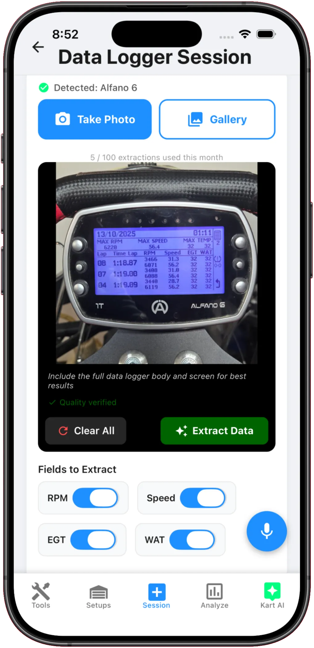 Pulling MyChron or Alfano data from a picture in the Kart Track app