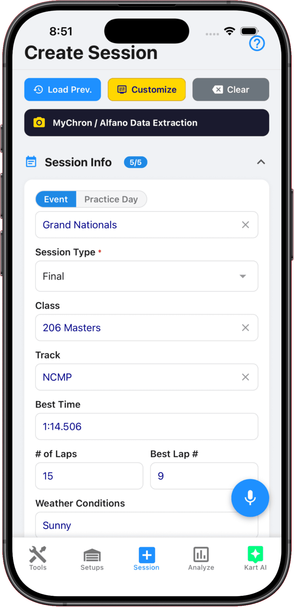 Entering session details in the Kart Track app