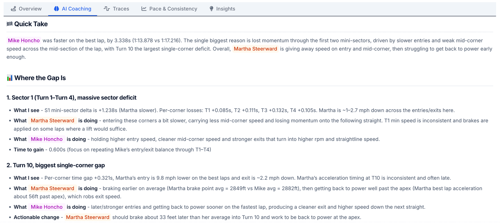 AI coaching report comparing two drivers corner by corner