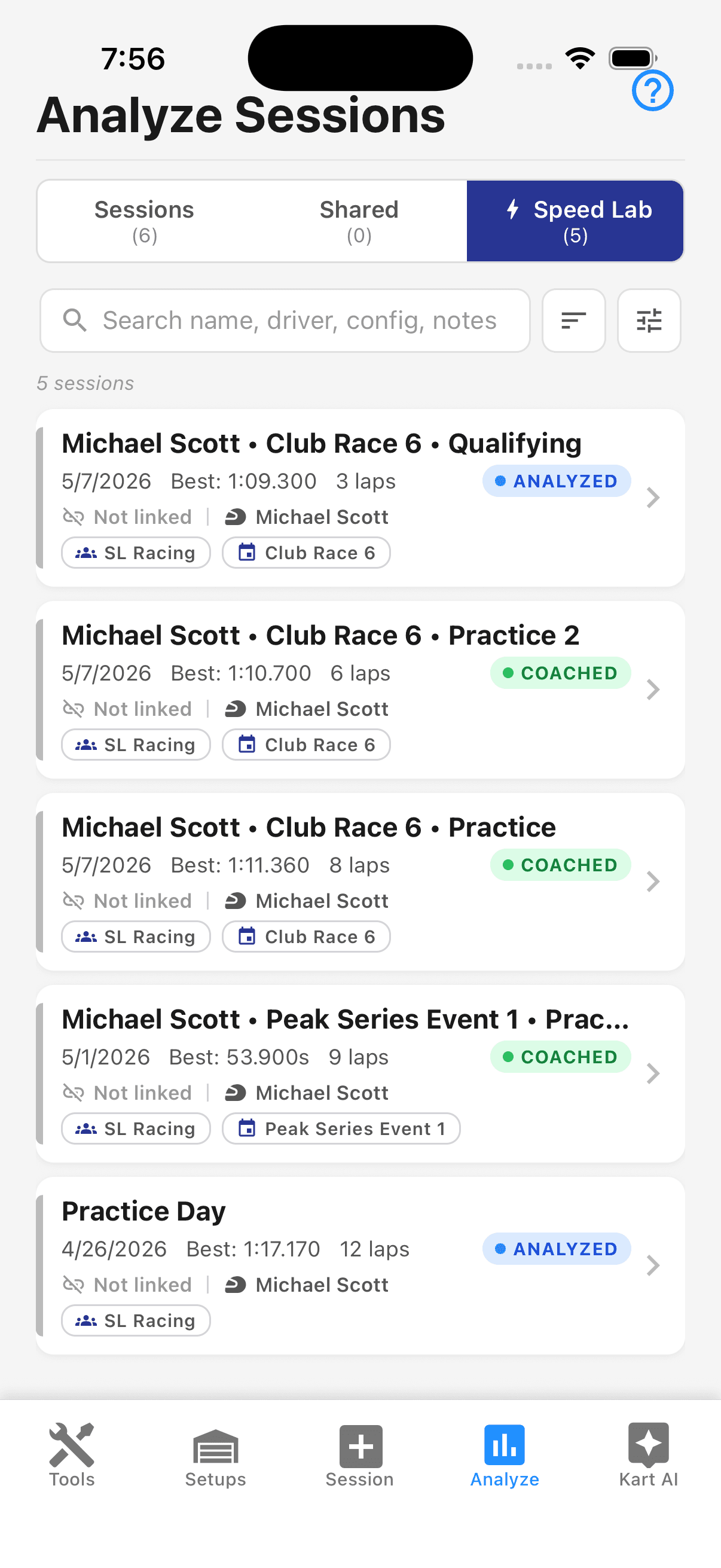 Driver mobile view: list of assigned Speed Lab sessions