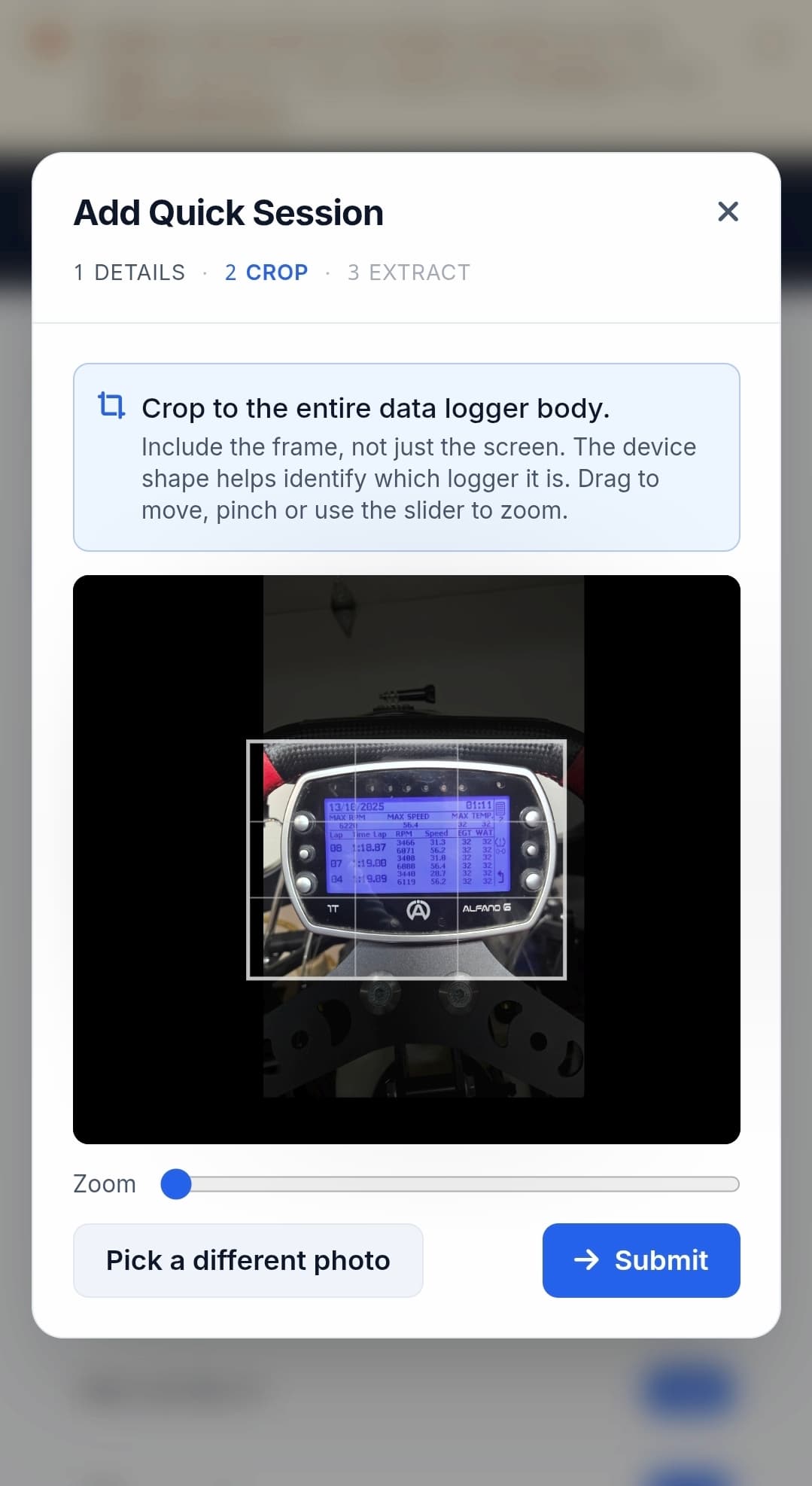 Quick Session modal cropping a photo of an Alfano 6 data logger
