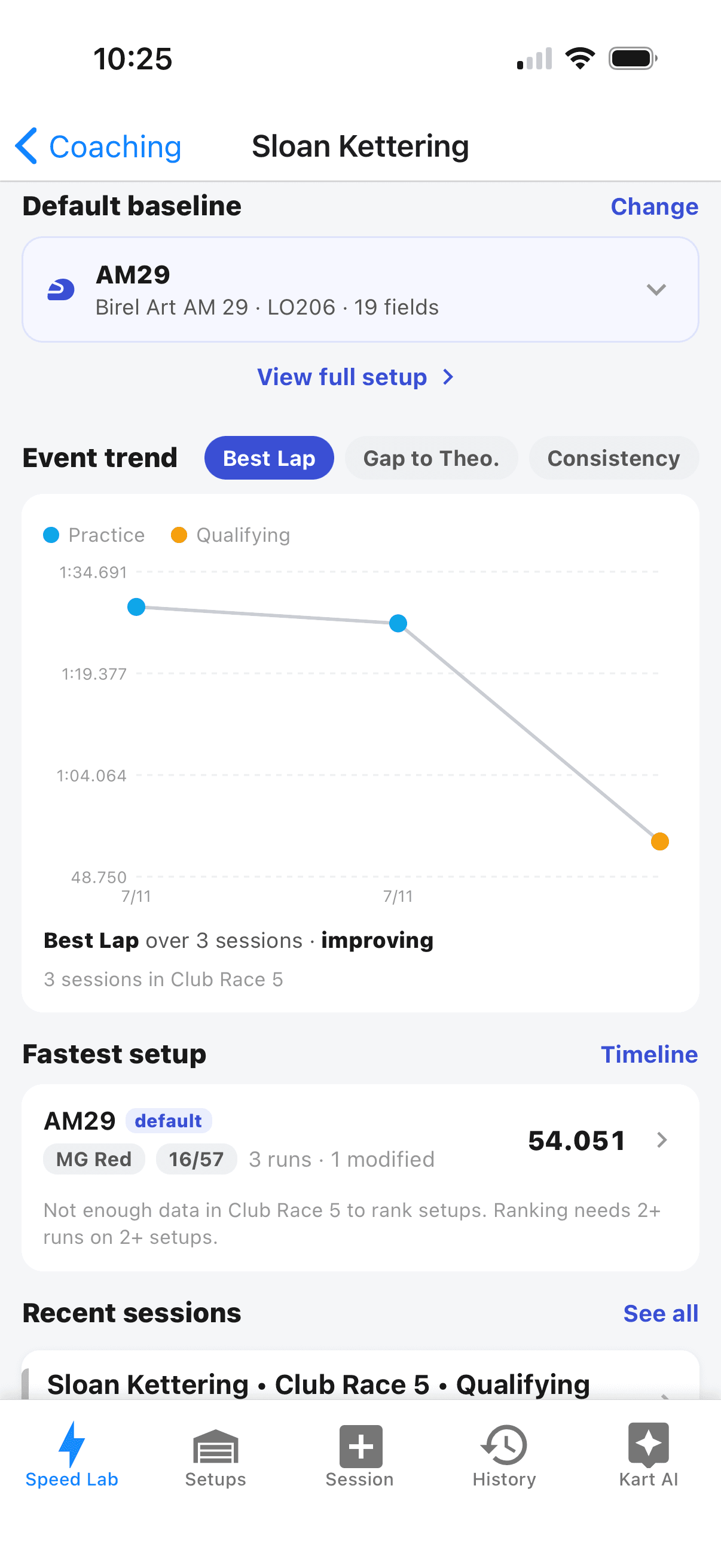 Kart Track app coach view for reviewing and uploading driver sessions