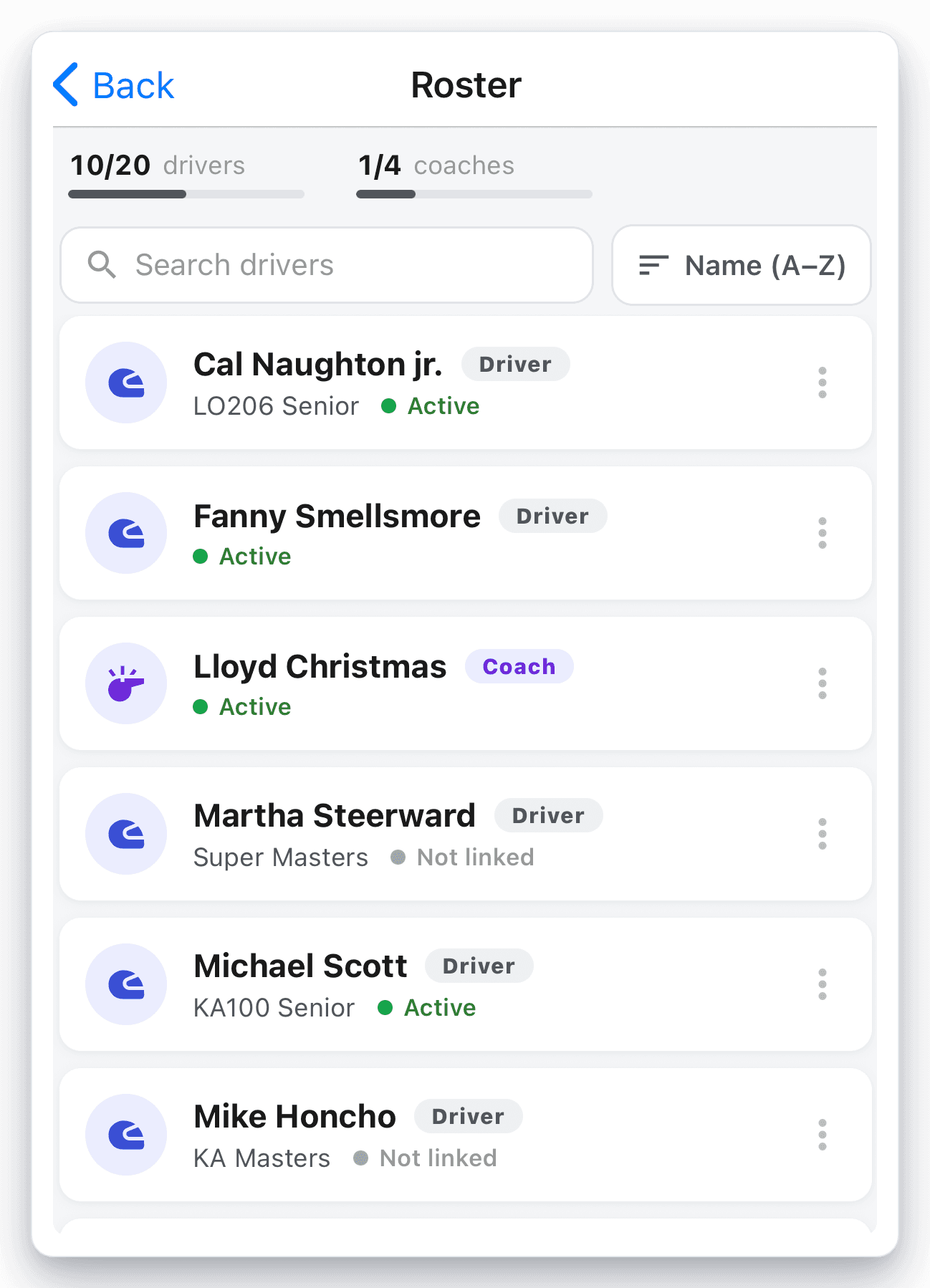 Kart Track app team roster with drivers and coaches