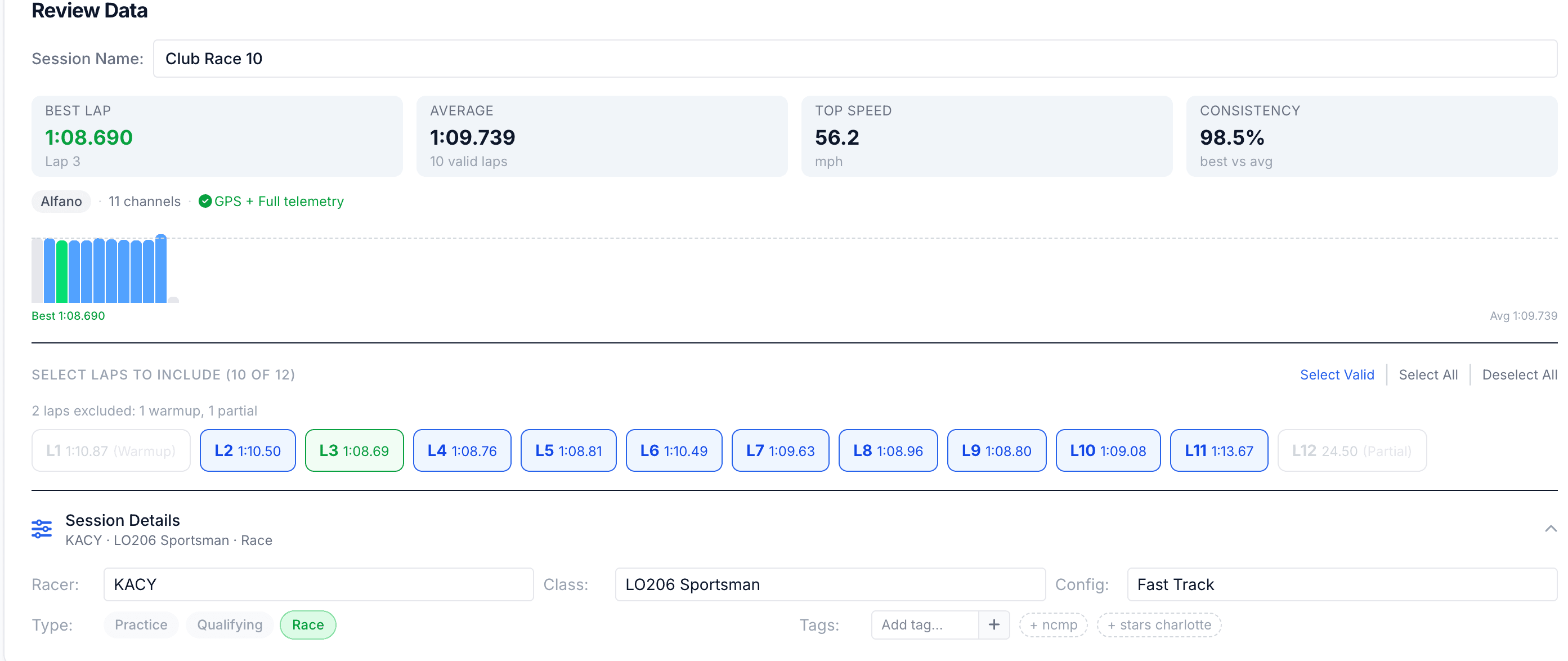 Lap selection screen with parsed lap data